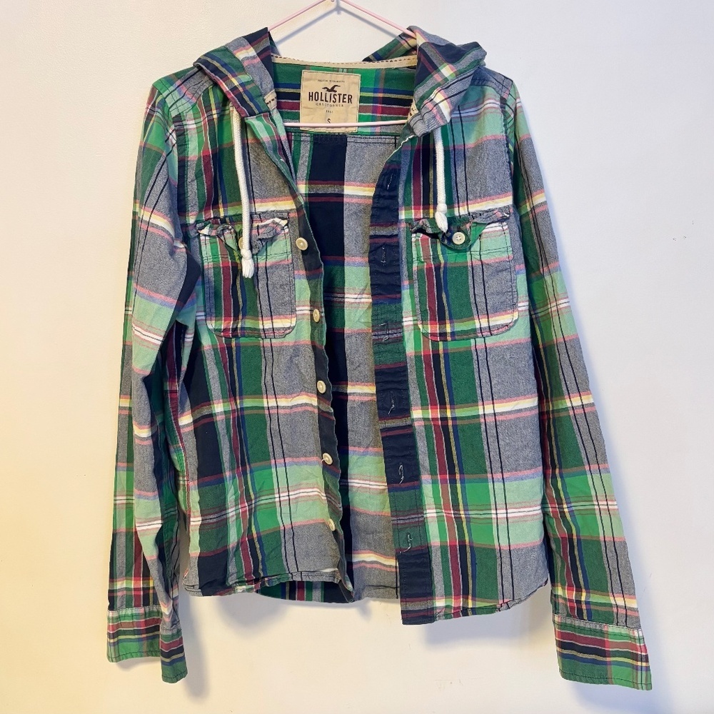 Hollister Cotton Button Up Drawstring Hooded Flannel Shirt Green Plaid Womens S